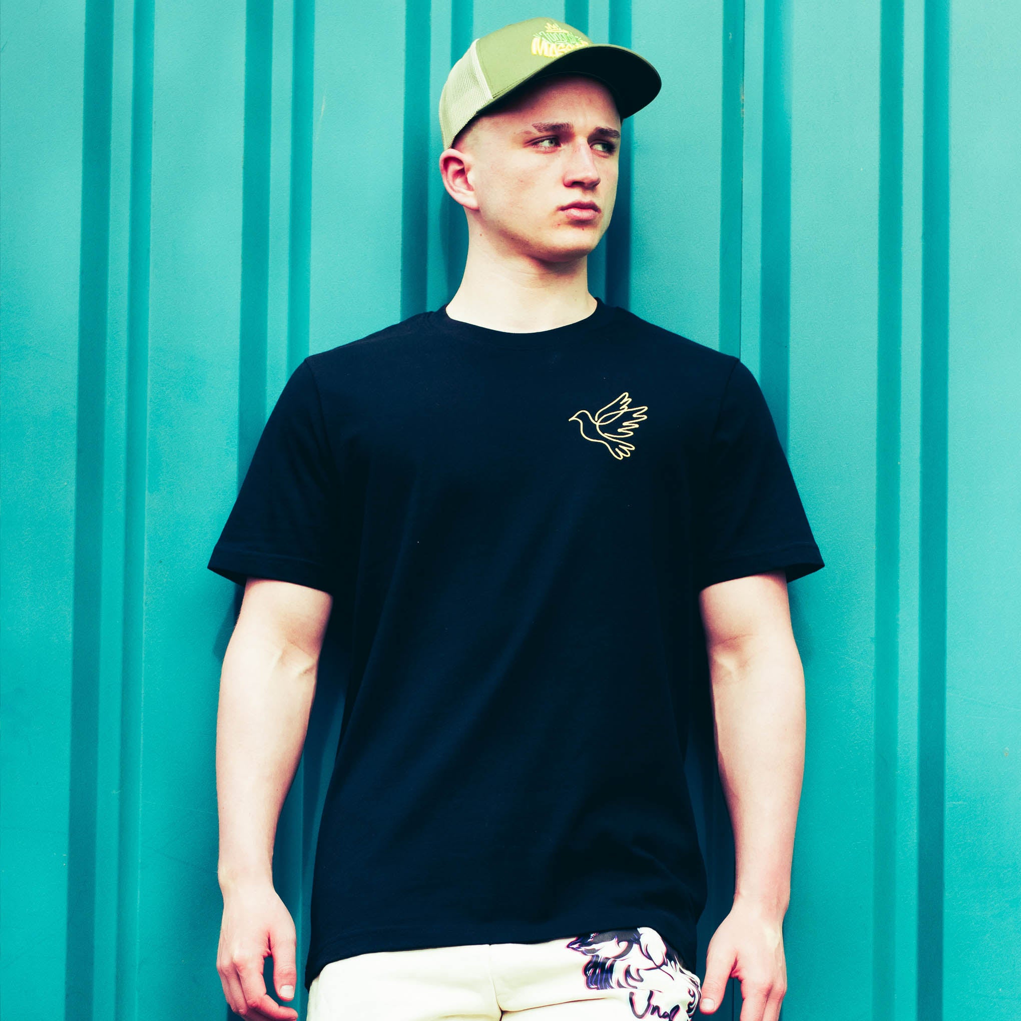 Man wearing a black t-shirt with a white dove design against a teal background