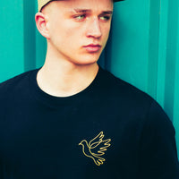 Man wearing a black t-shirt with a yellow dove design against a teal background