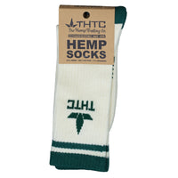 Hemp socks with green and white design, branded 'THTC', on a white background