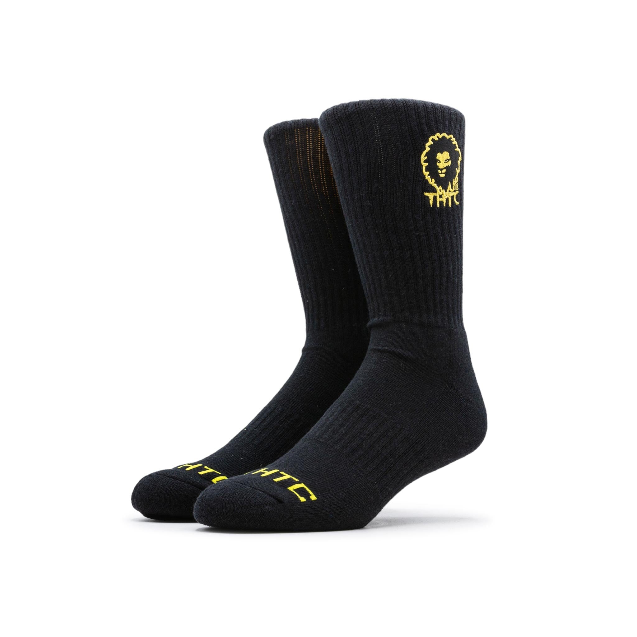 Black hemp thtc socks with yellow logo and text on a white background