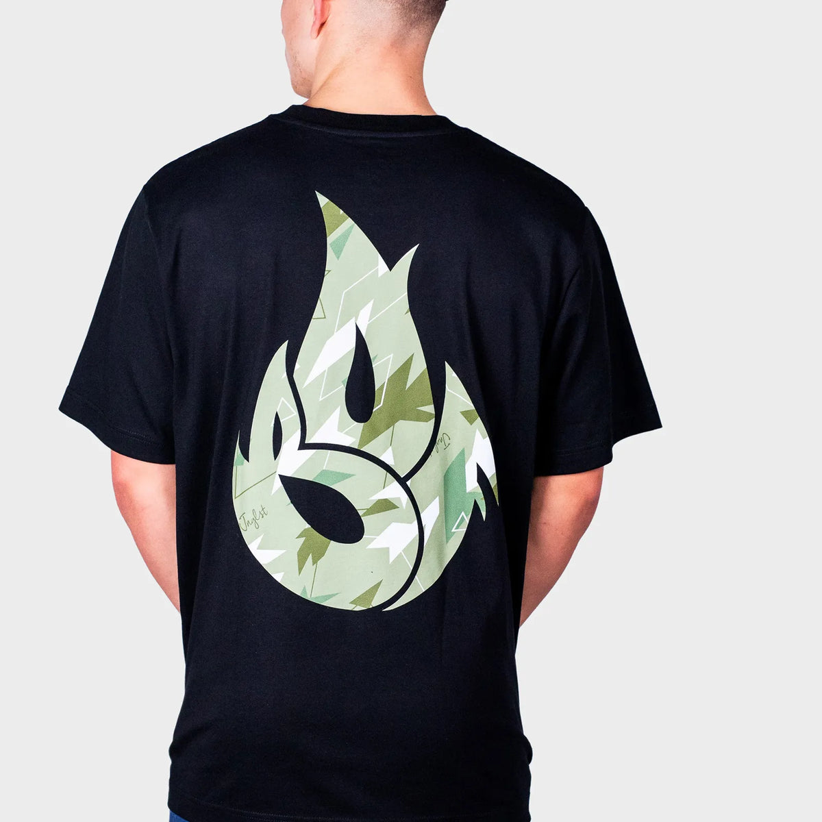 Green Camo Fire Relaxed Fit Black T-Shirt
