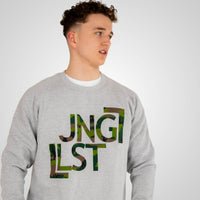 JNGLST grey sweatshirt worn by model