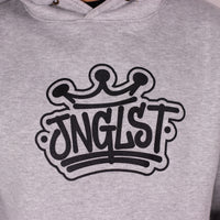 Gray hoodie with a black logo on a plain background