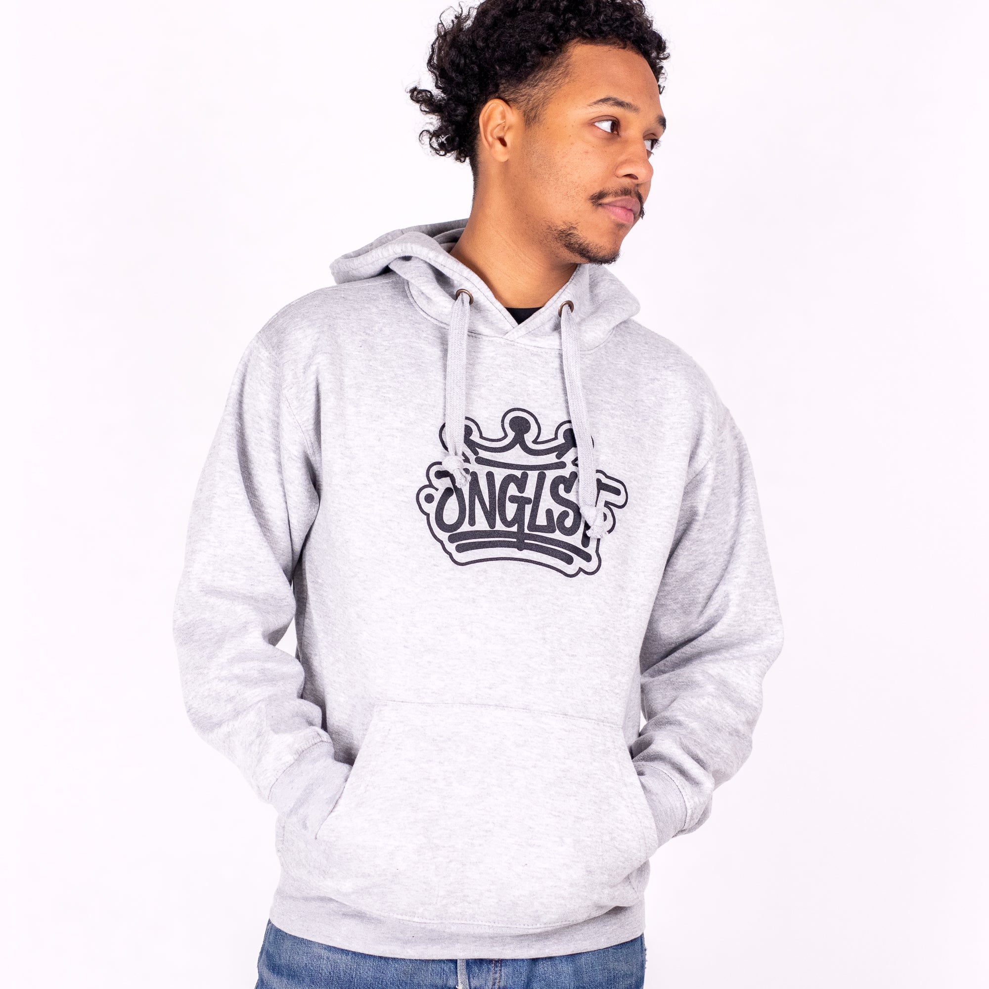 Person wearing a gray hoodie with 'ONGLS' logo on a white background