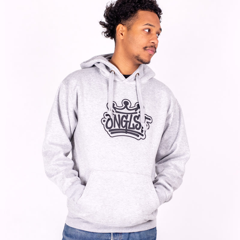 Person wearing a gray hoodie with 'ONGLS' logo on a white background