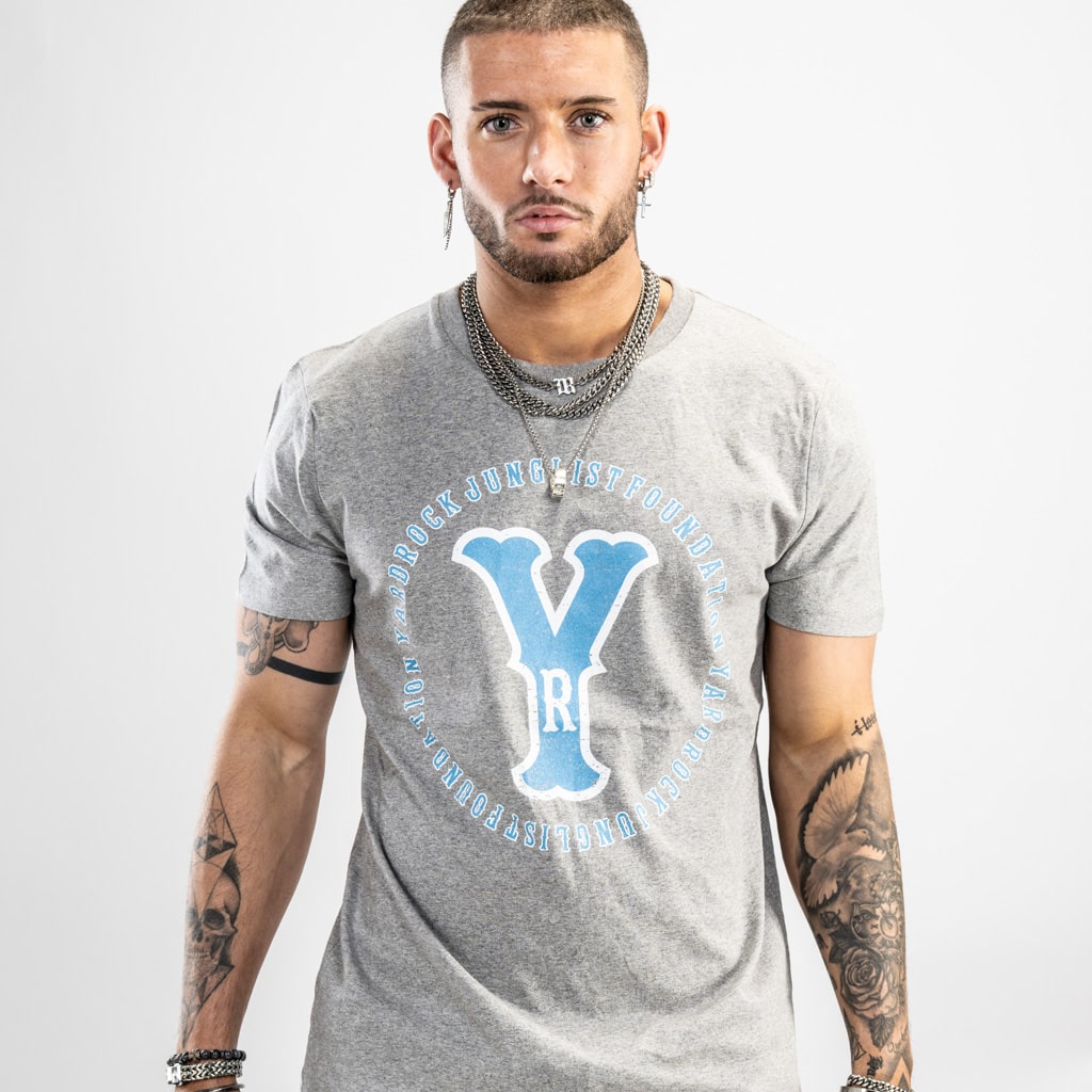 Grey with sky blue YR vintage print streetwear t shirt