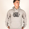 Model wearing grey Junglist Crown hooded Pullover