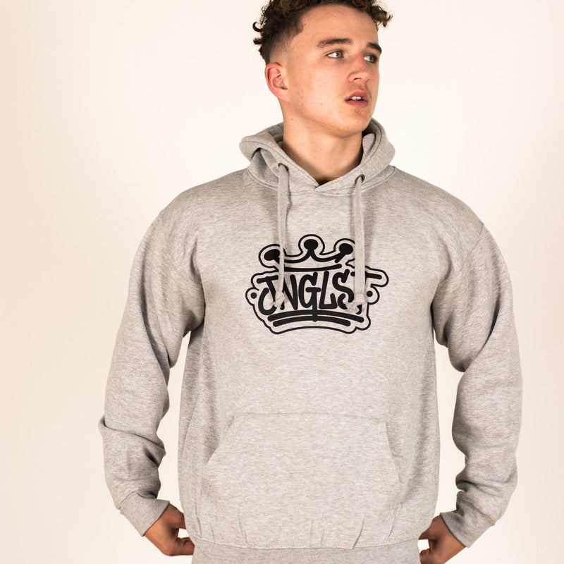 Model wearing grey Junglist Crown hooded Pullover