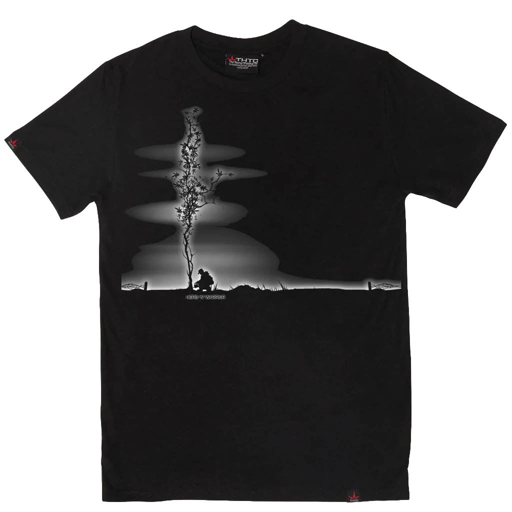 Black t-shirt with a graphic design of a person sitting under a tree with birds flying, on a white background.