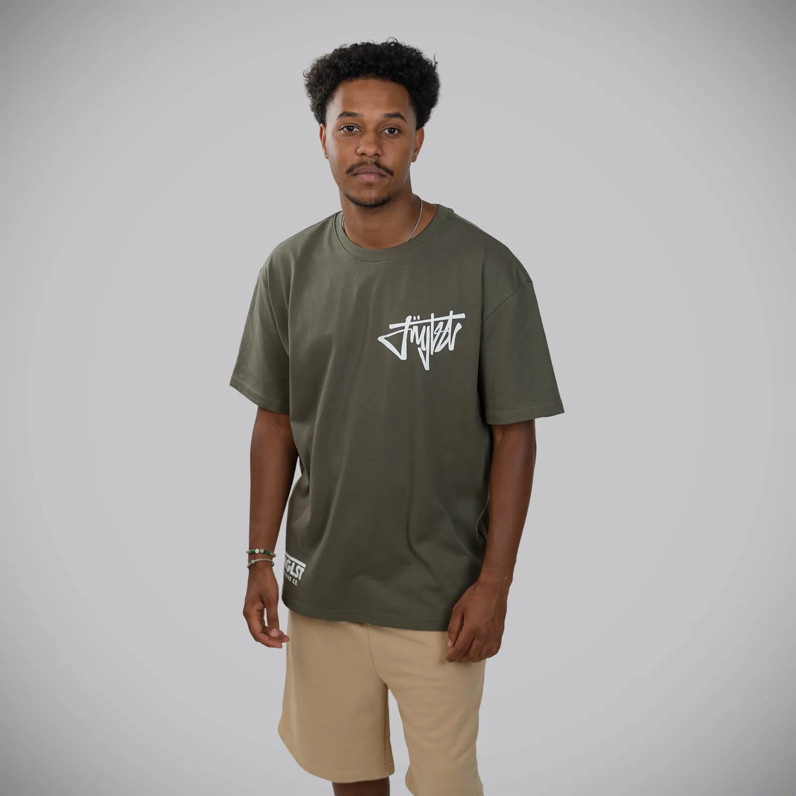 Jnglst Clothing script khaki t shirt front print