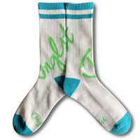 Pair of socks with green text and blue Junglist accents on a white background