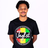 Person wearing a black t-shirt with a colorful logo and text on a white background