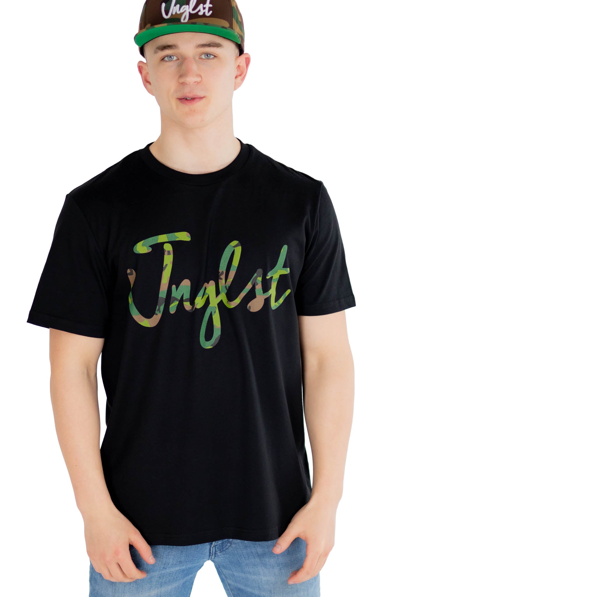 Jnglst camo script black t shirt with camo cap