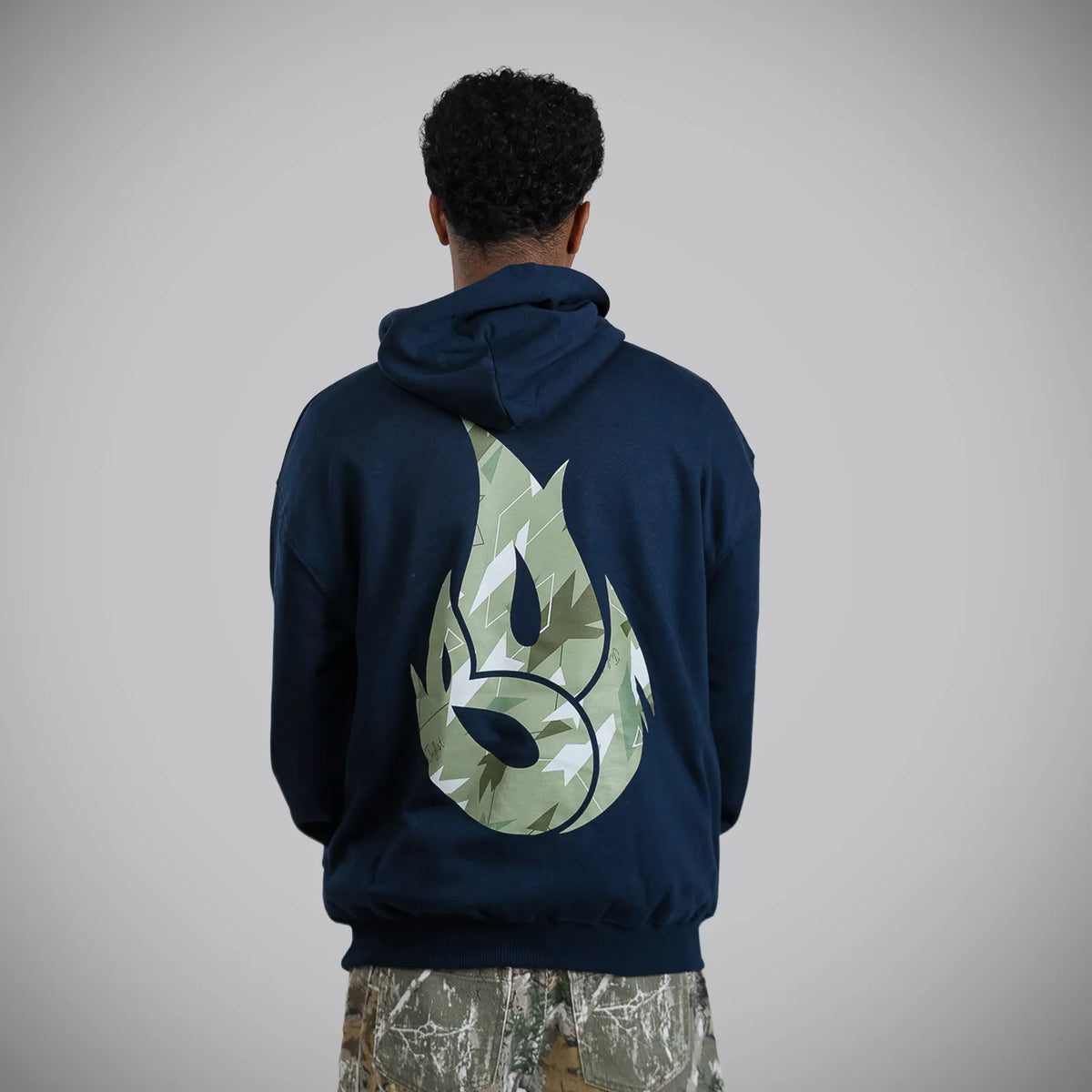 Green Camo Jnglst Born Outta Fire on Navy Hoody Back Print