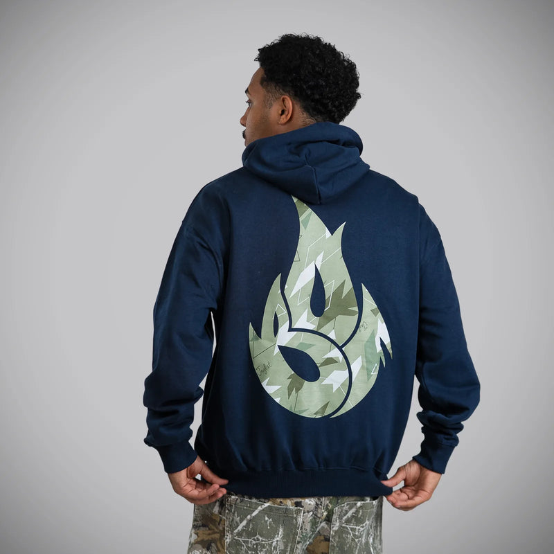 Green Camo Jnglst Born Outta Fire on Navy Hoody