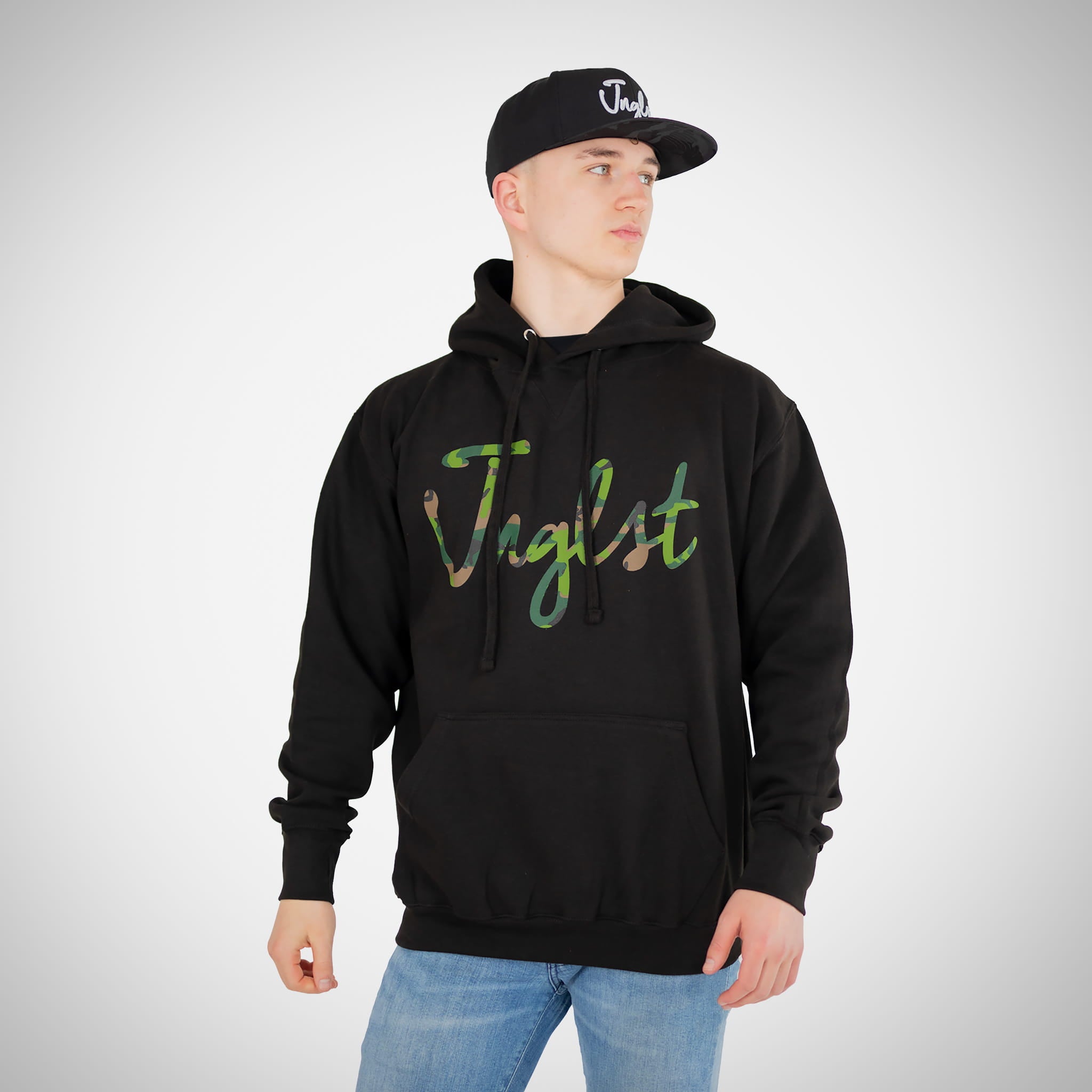 Junglist wearing Jnglst Camo Script Hoody