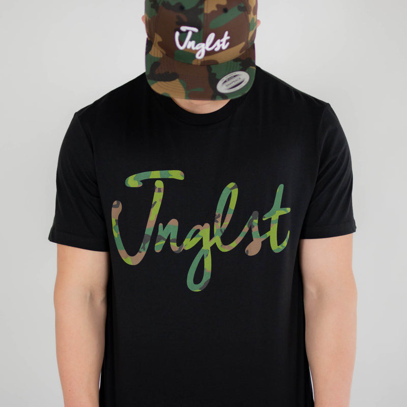 Jnglst camo script black t shirt