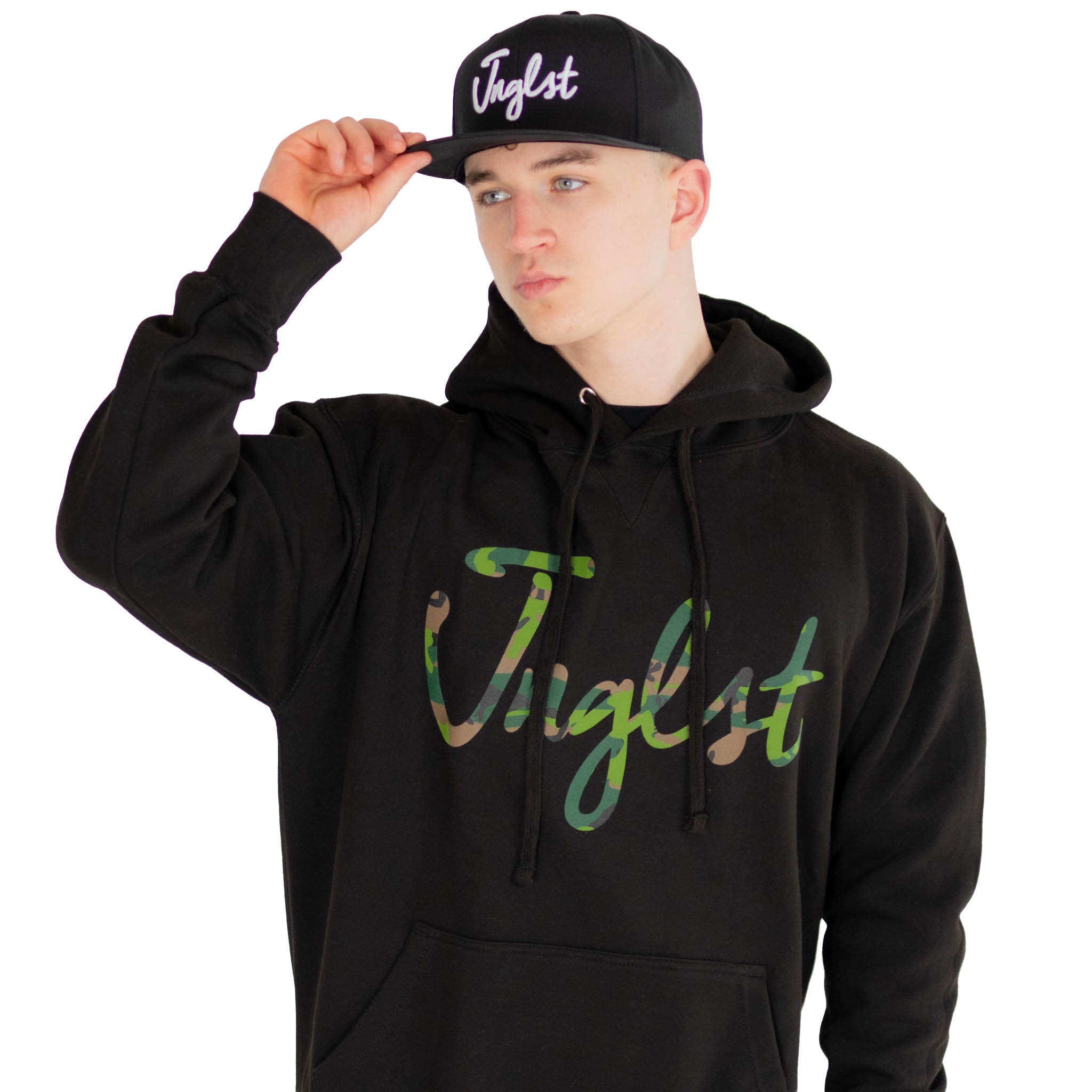Jnglst script black hoody worn with cap