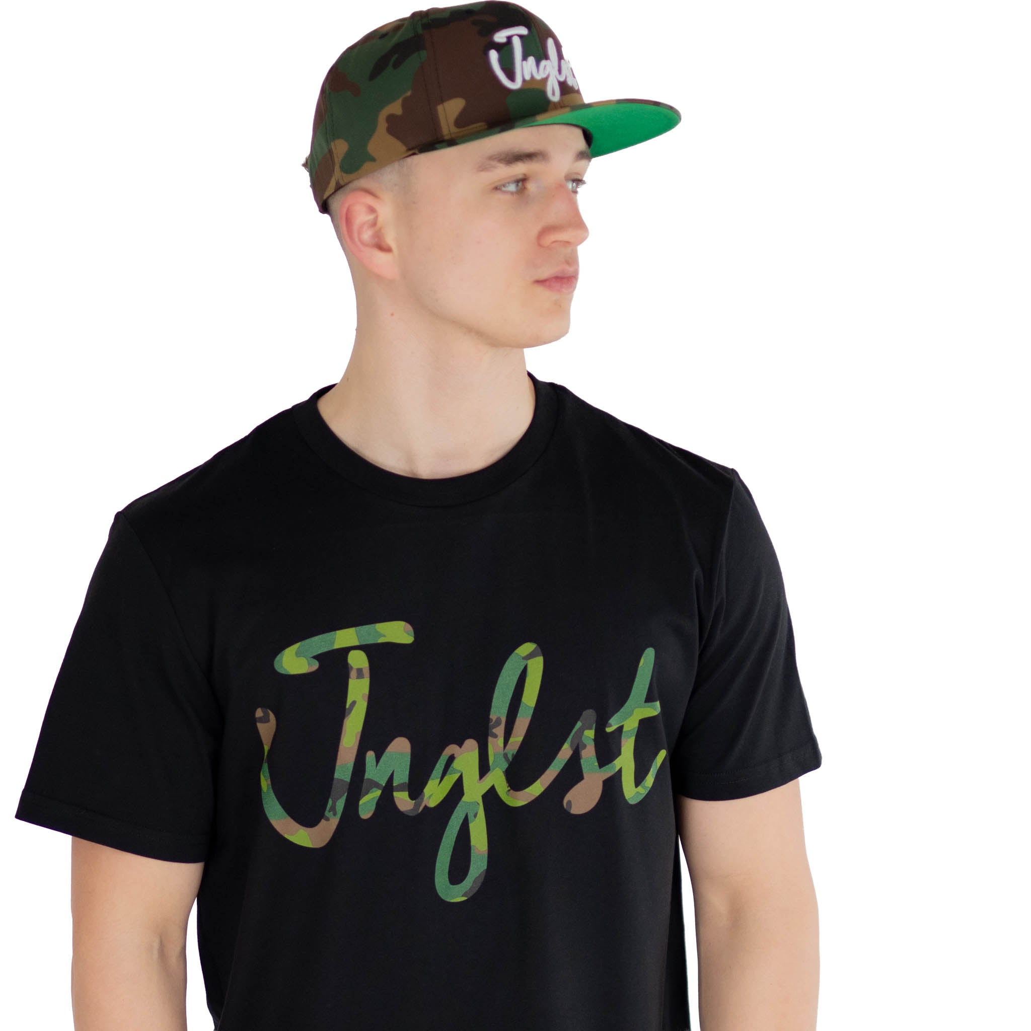 Jnglst camo script black t shirt worn by model in cap