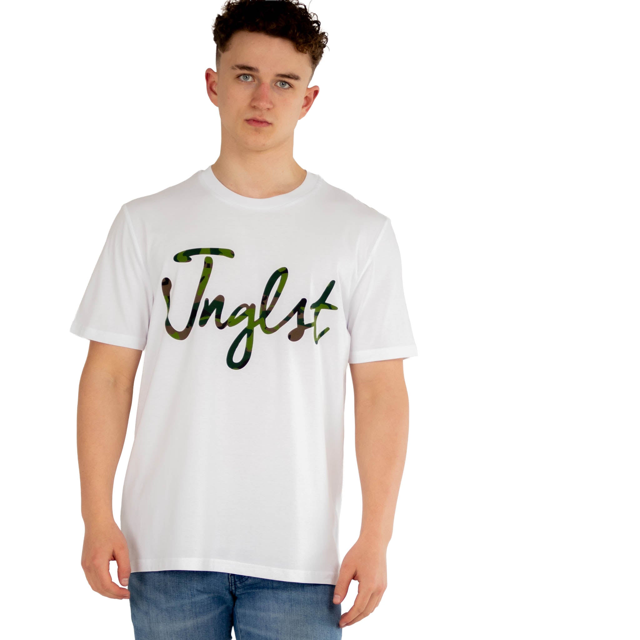 Jnglst camo script white t-shirt worn by Junglist