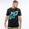 Blue Junglist Camo Design on a Black T Shirt