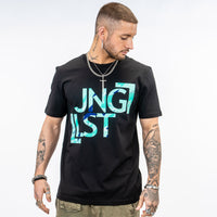 Blue Junglist Camo Design on a Black T Shirt