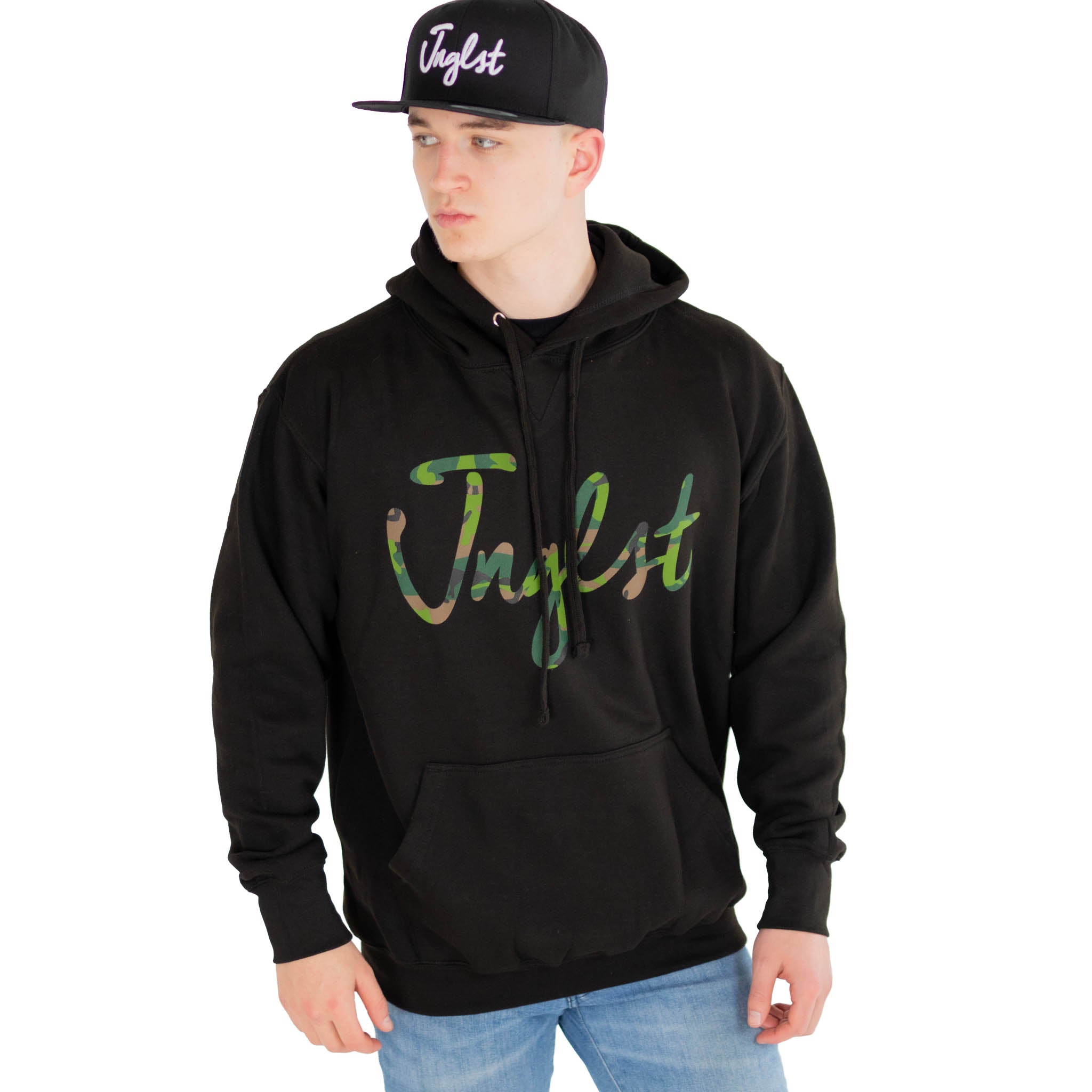 Jnglst script black hoody Drum and Bass cap