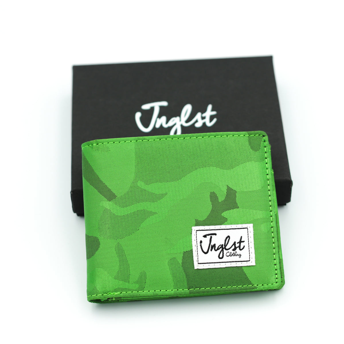 Green camouflage wallet with 'Jnglst' branding on a white background