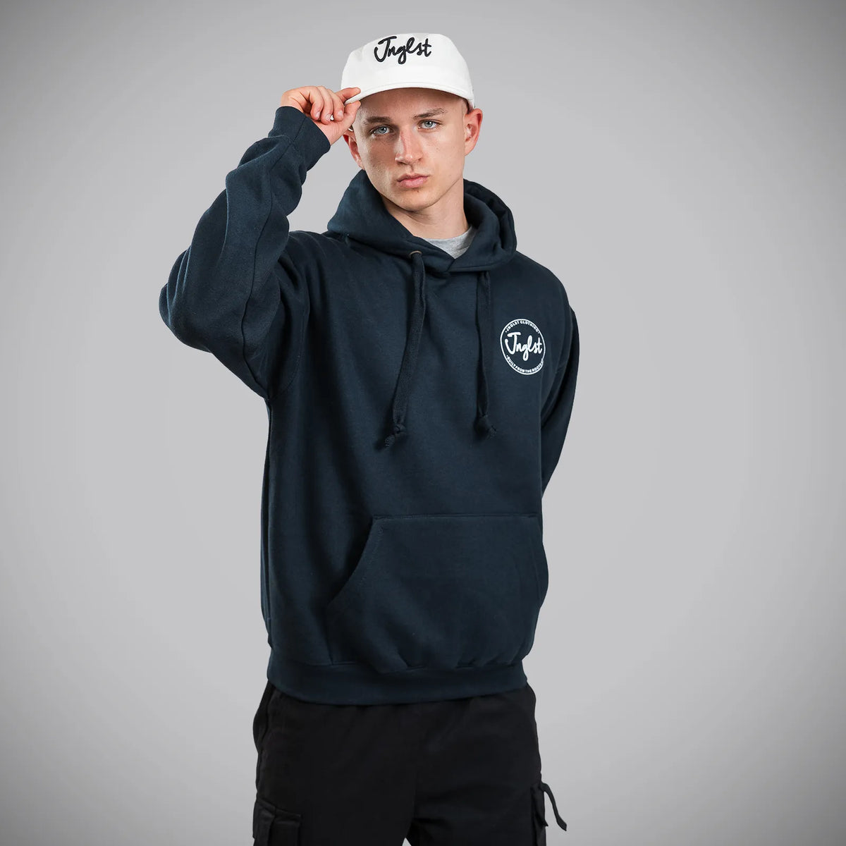 Roots Up Navy Junglist Hoody Front Model Wearing