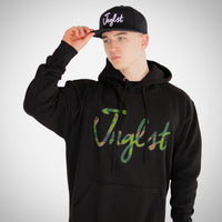 Person wearing a black hoodie with 'Juglist' branding and a matching cap.