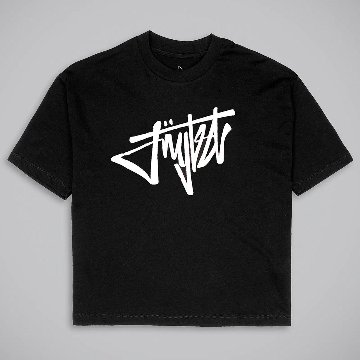 A black short-sleeve crewneck t-shirt featuring a large white stylized 'Stüssy' logo printed across the chest, displayed flat against a neutral gray background.