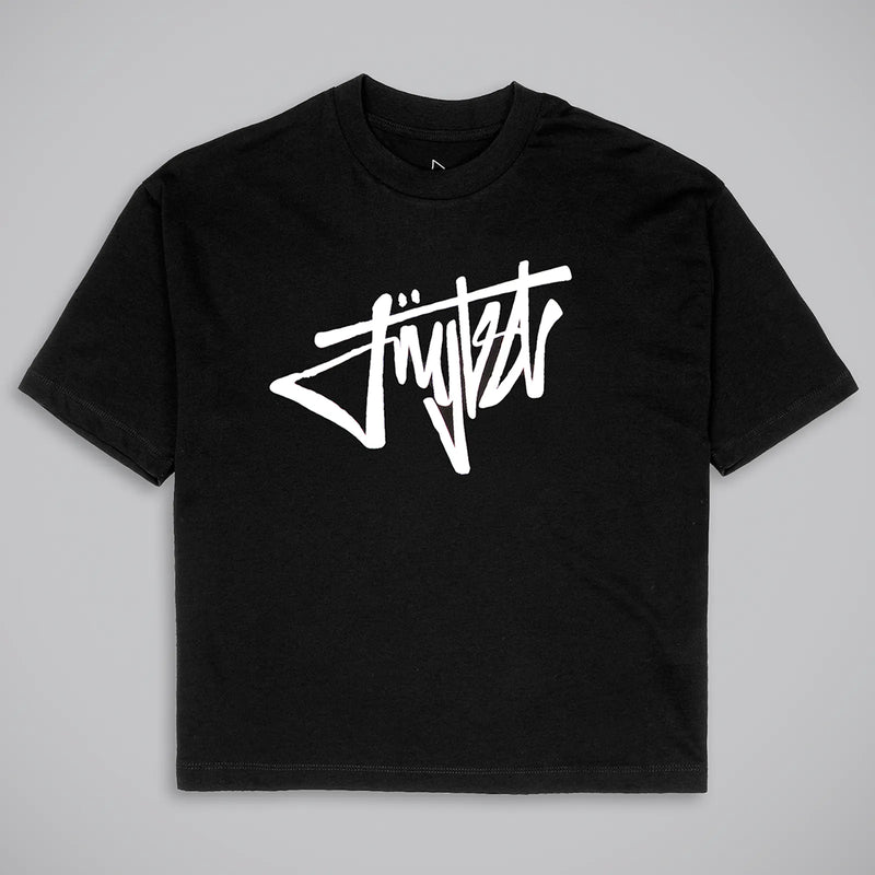 A black short-sleeve crewneck t-shirt featuring a large white stylized 'Stüssy' logo printed across the chest, displayed flat against a neutral gray background.