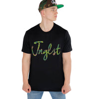 Jnglst camo script black t shirt in jeans and cap