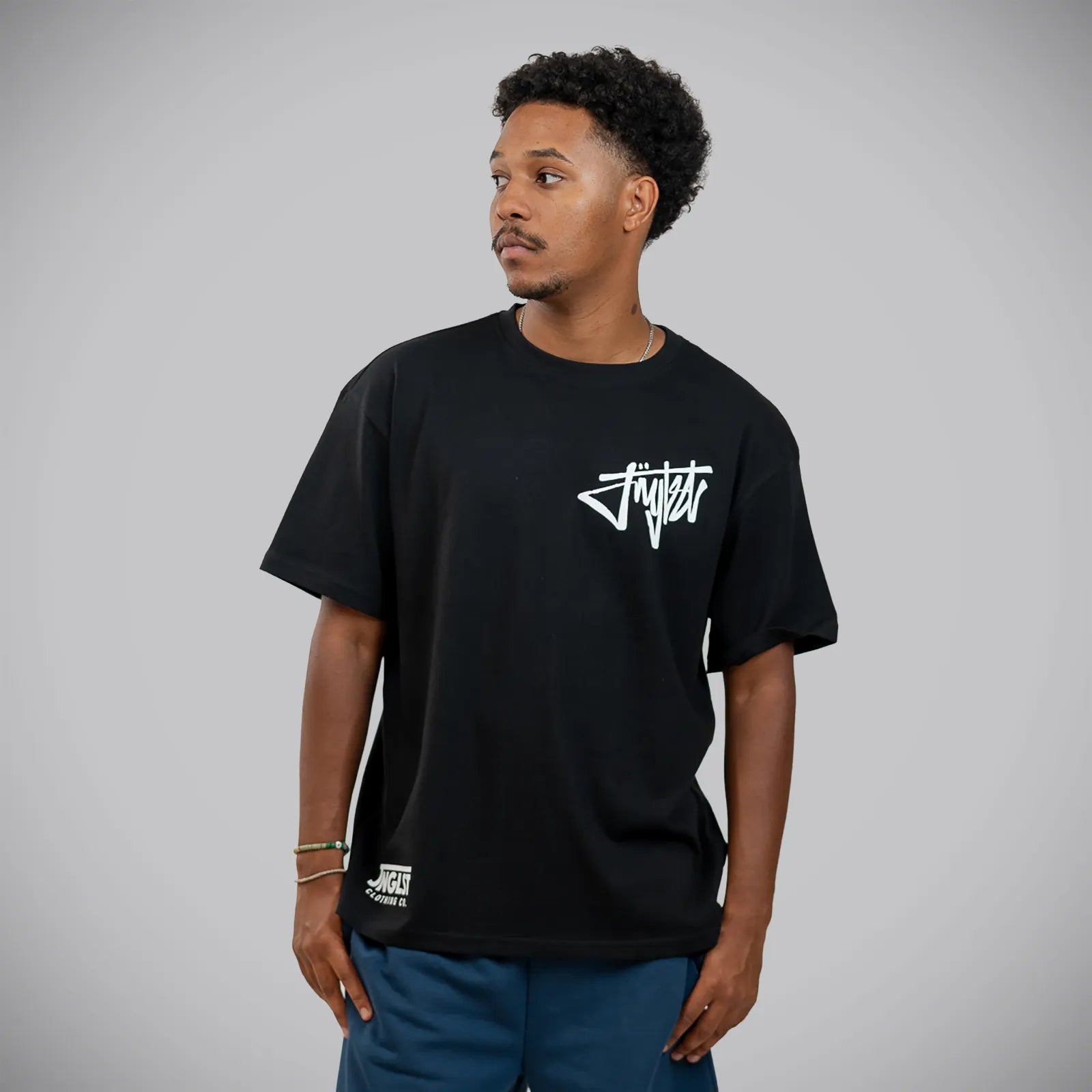 Jnglst Clothing black t-shirt front script print graphic