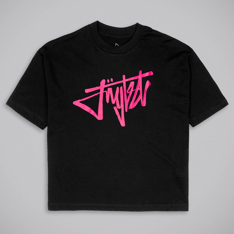 A black short-sleeve crewneck t-shirt featuring a large, vibrant pink stylized graphic logo printed across the chest, displayed flat against a neutral gray background.