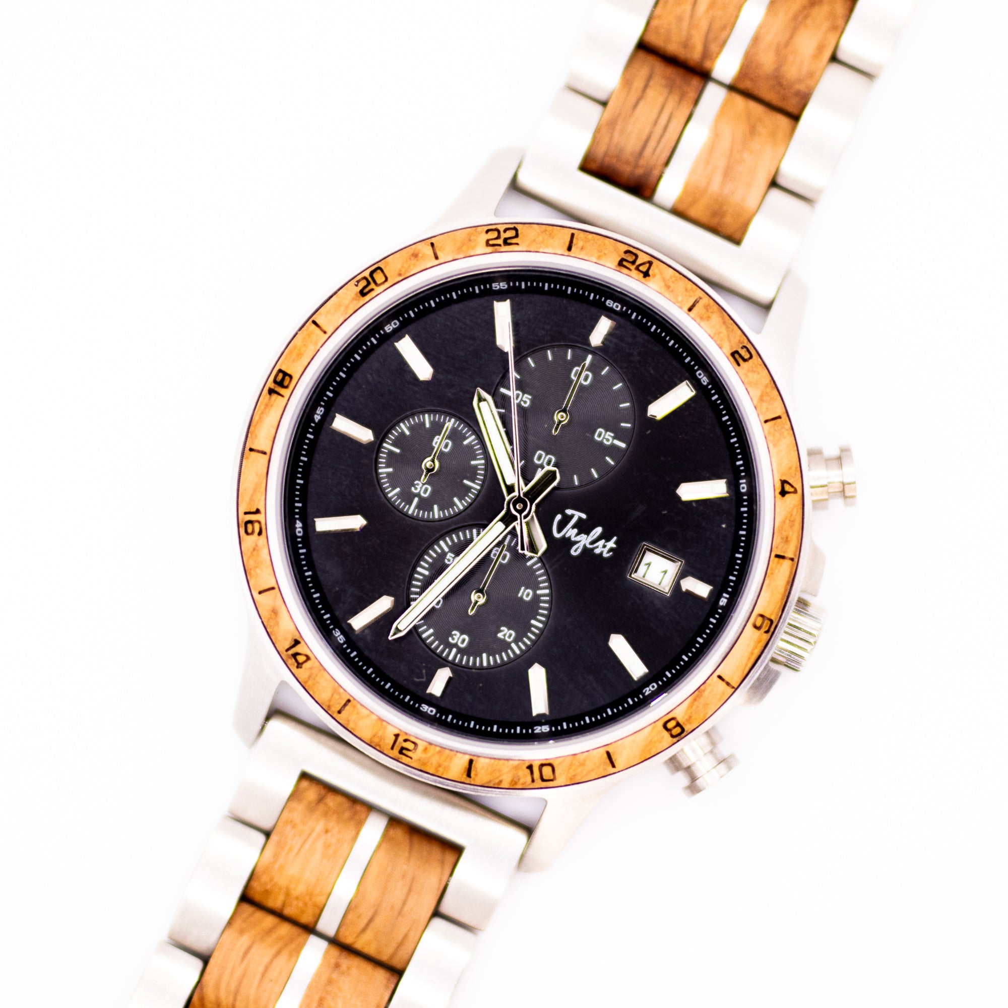 Junglist Stainless Steel with wooden strap and black dial on a white background