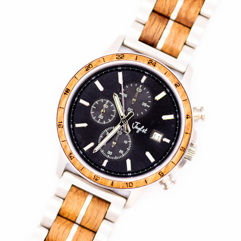 Junglist Stainless Steel with wooden strap and black dial on a white background