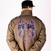 Person wearing a brown jacket with a purple and pink Jnglst Lion design on the back, on a white background