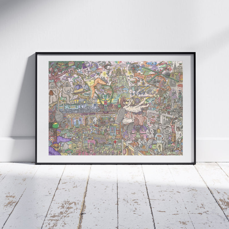 Framed artwork on a white wall with wooden floor