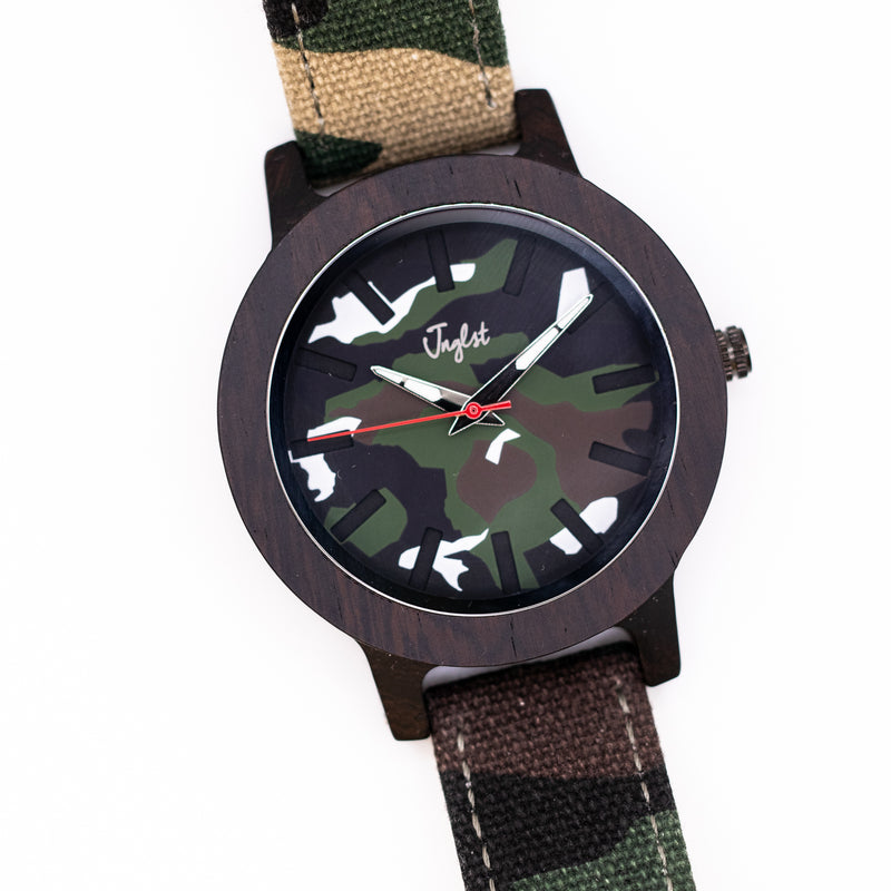 Watch with Junglist camouflage strap and face on a white background