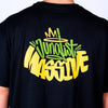 Black t-shirt with colorful Junglist Massive text design on the back against a plain background