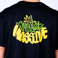 Black t-shirt with colorful Junglist Massive text design on the back against a plain background