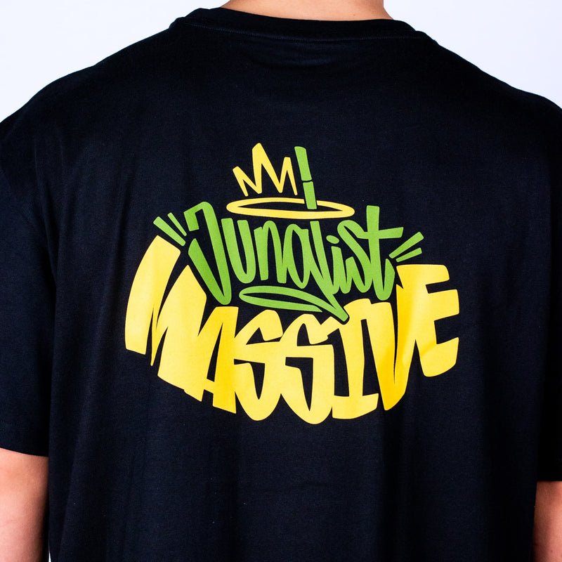 Black t-shirt with colorful Junglist Massive text design on the back against a plain background