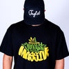Person wearing a black t-shirt with colorful text and a black cap with 'Jnglst' on a white background