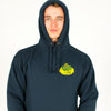 Person wearing a navy Junglist Massive hoodie with a yellow logo on a white background