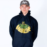 Person wearing a navy hoodie with colorful Junglist text and a cap on a white background