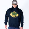 Person wearing a navy hoodie with colorful text design on a white background