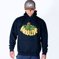 Person wearing a navy hoodie with colorful text design on a white background