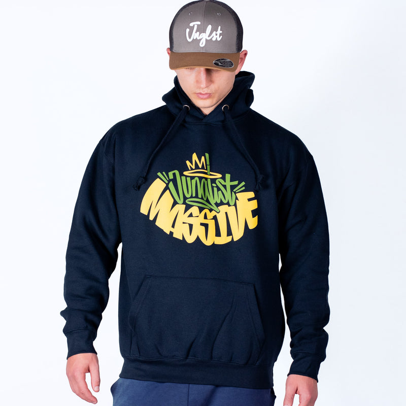 Person wearing a navy hoodie with colorful text design on a white background