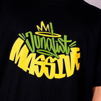 Black t-shirt with yellow and green Junglist Massive text design on a black background